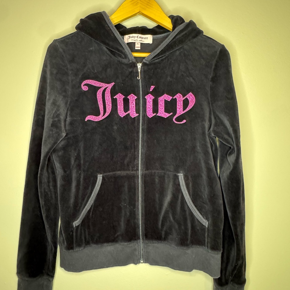 Juicy Couture Velour Zip-Up Hoodie Black Pink Glitter Logo Size XL